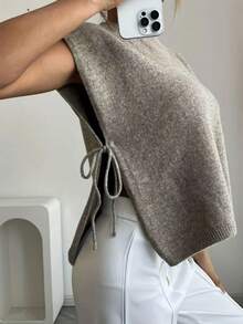 女士优雅无袖针织吊带背心，侧系带，轻盈透气休闲度假毛衣背心 - 卡其色 - 查看 3