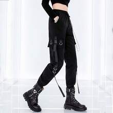 Black Cargo Pants Women Techwear Loose Street Rock Style Casual Pants With Chain Goth Style - 紅黑 - 查看 7