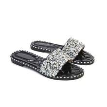 XY LONDON Khaleesi Jewel Slider Slip On Flat Sparkly Diamante Mule Sandals  PU Leather  Gemstone  Quilted  Studded  Glamorous  Cool  Fashionable  Cute  Gorgeous  Vacation  Beach   Party  Y2K   Flat  Casual  Spring Summer - 黑色 - 查看 1