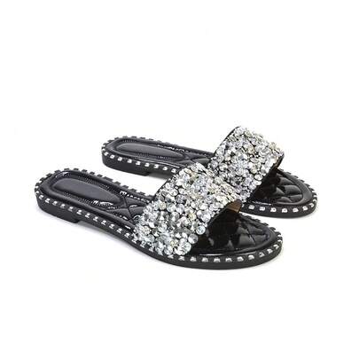 XY LONDON Khaleesi Jewel Slider Slip On Flat Sparkly Diamante Mule Sandals  PU Leather  Gemstone  Quilted  Studded  Glamorous  Cool  Fashionable  Cute  Gorgeous  Vacation  Beach   Party  Y2K   Flat  Casual  Spring Summer