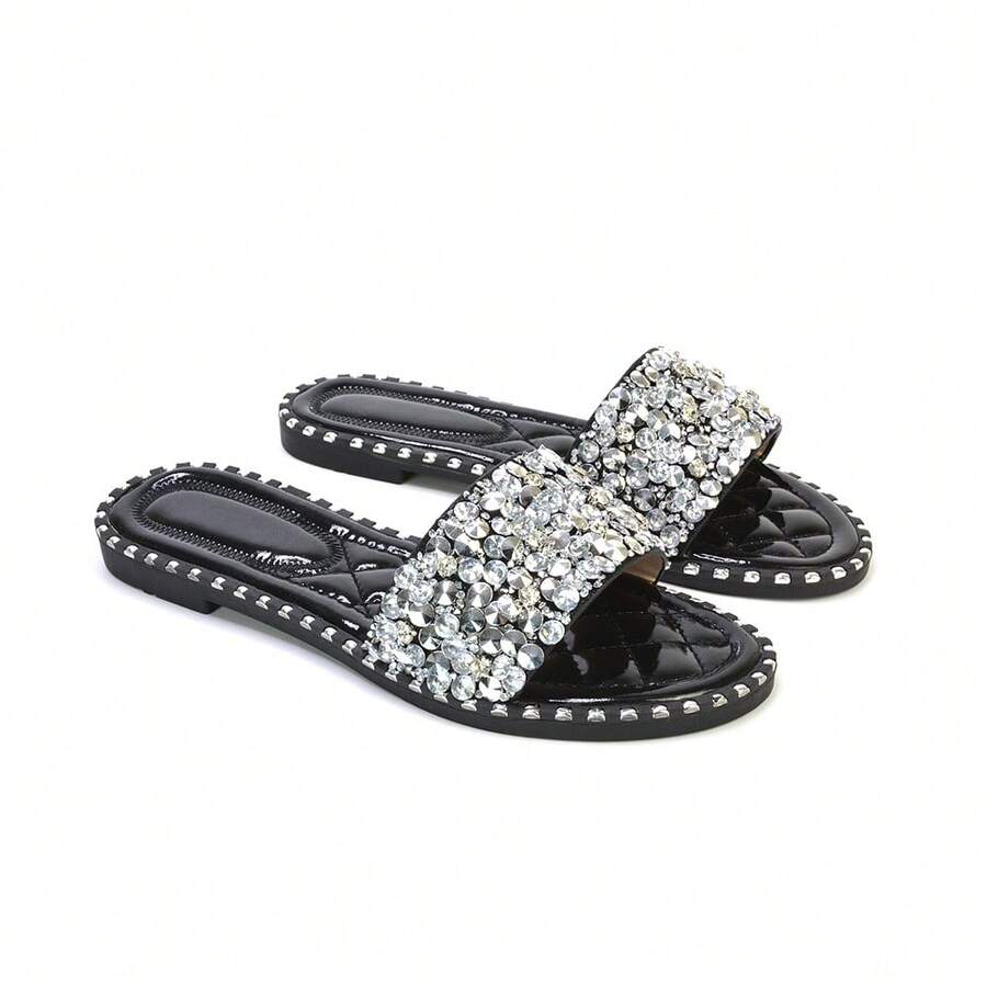 XY LONDON Khaleesi Jewel Slider Slip On Flat Sparkly Diamante Mule Sandals  PU Leather  Gemstone  Quilted  Studded  Glamorous  Cool  Fashionable  Cute  Gorgeous  Vacation  Beach   Party  Y2K   Flat  Casual  Spring Summer - 黑色 - 查看 1