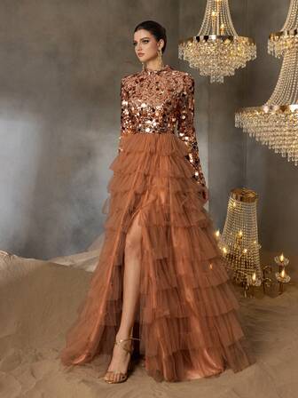 Faeriesty Elegant brudklänning för kvinnor med hög halsringning, långa ärmar, hög slits och A-linjeformad kjol i flera lager, paljettutsmyckad överdel, lyxig tylldesign - Perfekt för storslagna bröllop, prestigefyllda kvällsgalor, smokingbaler, formella prisutdelningar, lyxiga mottagningsmiddagar