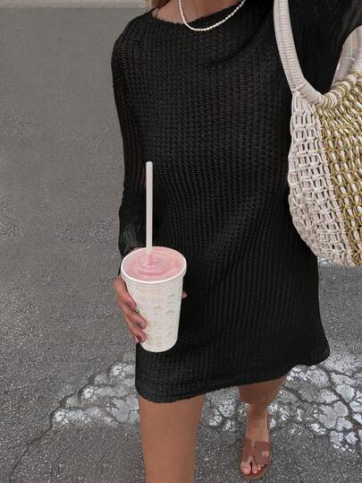 女士纯色简约休闲优雅减龄沙滩度假性感镂空薄纱袖罩衫迷你连衣裙，春夏度假黑色