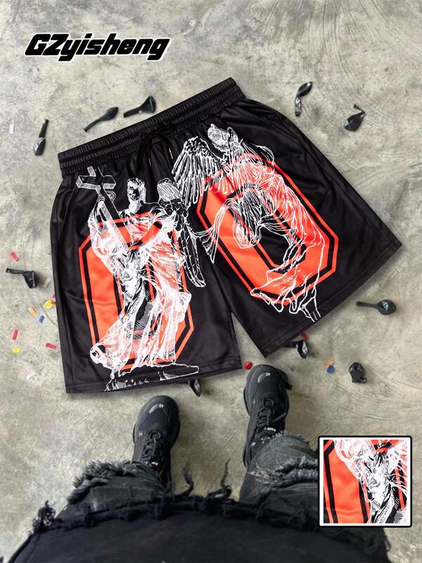 Men's Casual Loose Comfortable Letter Graphic Street Sports Style Black Shorts, Spring/Summer