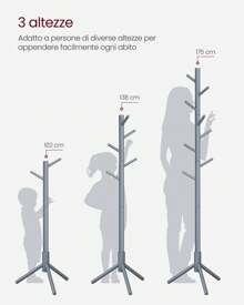 Attaccapanni da Terra, Appendiabiti in Legno a Forma di Albero, 8 Ganci, 3 Altezze, per Vestiti Cappelli Borse, Ingresso Camera da Letto Ufficio, Grigio