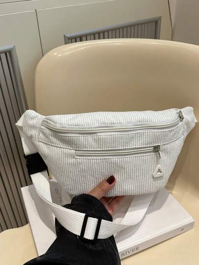 时尚纯色拉链腰包，灯芯绒胸包，适合购物、钱包、年轻女性、大学生、新人、白领人士。非常适合办公室、大学、工作、商务、通勤、户外活动、旅行和郊游。