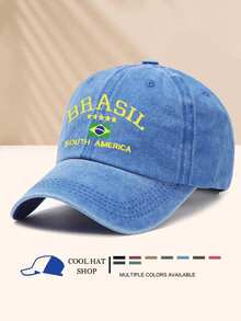 1 件复古水洗巴西星印花夏季防晒棒球帽，复古时髦嘻哈弧形帽檐帽，可调节男女通用遮阳帽 - 水洗帽 - 查看 7