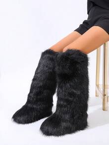 Women's Faux Fur Boot Furry Fluffy Round Toe Suede Winter Comfy Plush Warm Short Outdoor Indoor Flat Shoes Knee-High Boots - Black - View 3