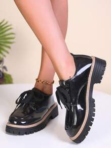 Women's Black Platform Chunky Heel Loafers, Thick Sole British Style French Leather Lace-Up Casual Shoes