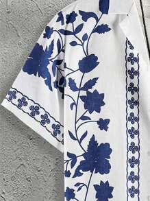 大码男士夏季休闲瓷砖 3D 数码印花翻领衬衫和抽绳腰短裤 2 件套