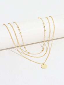 2pcs Layered Round Pendant Beaded Necklace For Women, Golden Color (Random Bead Quantity)