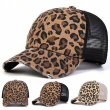 1pc Women's Leopard Print Distressed Trucker Hat, Embroidered Baseball Cap, Streetwear Fashion Mesh Hat, Outdoor Sun Protection Casual Cap For Spring/Autumn Travel, Beach,Summer,Holiday,Festival - Multicolor - View 1