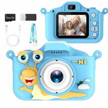 儿童相机，64G TF 卡和读卡器，前后双摄像头，1080P 高清视频，48 MP，多功能相机，带视频、游戏、音乐、男孩/女孩延时摄影功能。