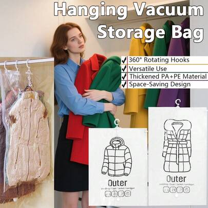 1-5pcs Hanging Vacuum Storage Bags, Space Saving Bags For Clothes, Premium Garment, Suit, Coat Vacuum Storage Bags, Clothing Compression Storage Bags, Down Jacket Vacuum Hanging Bags, Coat Vacuum Hanging Bags, Hanging Compression Bags, Clothing Storage Hanging Bags. Hanging Design, Vacuum Compression, Space Saving Wardrobe, Dust-Proof And Moisture-Proof, Suitable For Thick Coats And Down Jackets. Wardrobe Storage, Seasonal Clothing Organization, Coat And Down Jacket Storage, Home Clothing Storage. With Hanging Hook Design, Reusable.