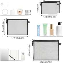 4个装网眼拉链袋，3种尺寸，迷你化妆品收纳袋，便携旅行包，带拉链口袋，可作笔袋，适用于化妆品和旅行用品，黑色，返校季，学习用品，铅笔盒，铅笔袋，书包，文具 - 黑色 - 查看 2