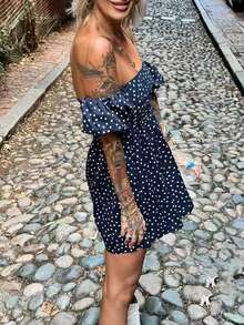 Bohemian Polka Dot One-Shoulder Floral Print Casual Mini Skirt - Black - View 2