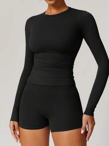 NcmRyu Women's Seamless Elastic Waist Lifting Shaping Elastic Long Sleeve Shorts Sports Suit Set