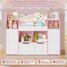 Toy Storage Furniture, Toy Organizer, Montessori Shelf, Toy And Book Storage Shelf, Toy Storage Box, 4 Doors, 2 Drawers With Wheels, 122x30x100cm - 粉色 - 查看 6