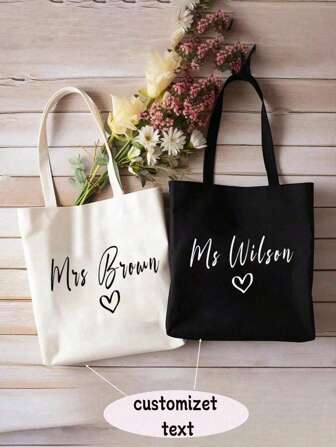 1pc Customized Name With Heart Design, Canvas Bag, Personalized Tote Bag,Customizable Name Or Text, Foldable, Large Capacity&Lightweight, Stylish Versatile,For Women, School Bag/College Backpack Ideal Gifts For Her Women, Rookies & White-Collar Workers, Girlfriend, Pink Girls For Graduation, For Weddings