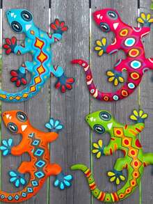 4pcs 2D Colorful Wooden Gecko Wall Decor, Outdoor Garden Patio Decoration, Suitable For Indoor Or Outdoor, Great Gift For Mom, Dad And Friends