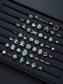 Conjunto de 44 anéis de metal com flor turquesa estilo boêmio, presentes para mulheres em datas comemorativas, acessórios para combinações diárias