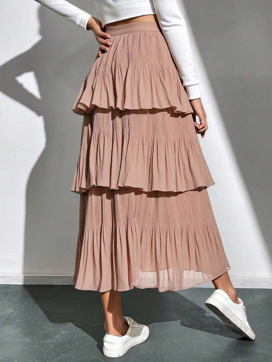 falda larga de olanes  Liso    Casual  Elegante    Bajo con volante  Capas relajadas  Volante    Boda - Caqui - Ver 1