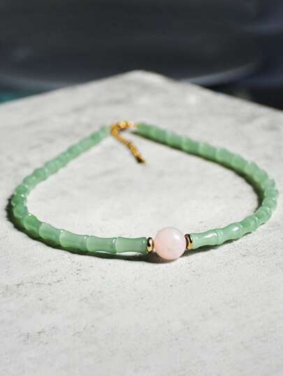 Collar de bambú de jade artificial vintage, gargantilla de cuentas de cuarzo rosa natural, collar de cadena de acero inoxidable estilo chino retro, regalo adecuado para mujeres
