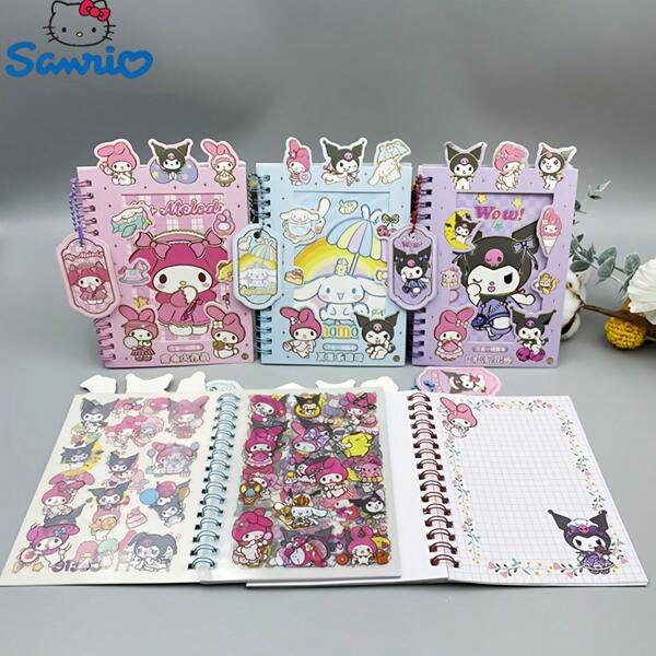 Sanrio 1pc Sanrio Katie And Friends Stickers And Notebook Set, Cartoon Art, Durable Sticky, Glitter, Reusable, Anime Theme, Multiple Colors, Plastic Materials, Suitable For Handbooks, Diary, Handcraft, Suitable For Birthday And Holiday Decoration, Halloween Gifts