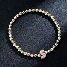 1 件简约黄铜和立方字母串珠弹性手链，适合女士 - 金色 - 查看 28