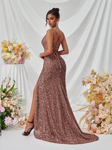 ADYCE 女士吊带深V领前开衩露背系带正式长裙，适合派对、盛会、正式晚宴、婚礼宾客、毕业典礼等场合，优雅正式，亦可作为圣诞派对礼服或感恩节服装。 - 藕粉色 - 查看 2