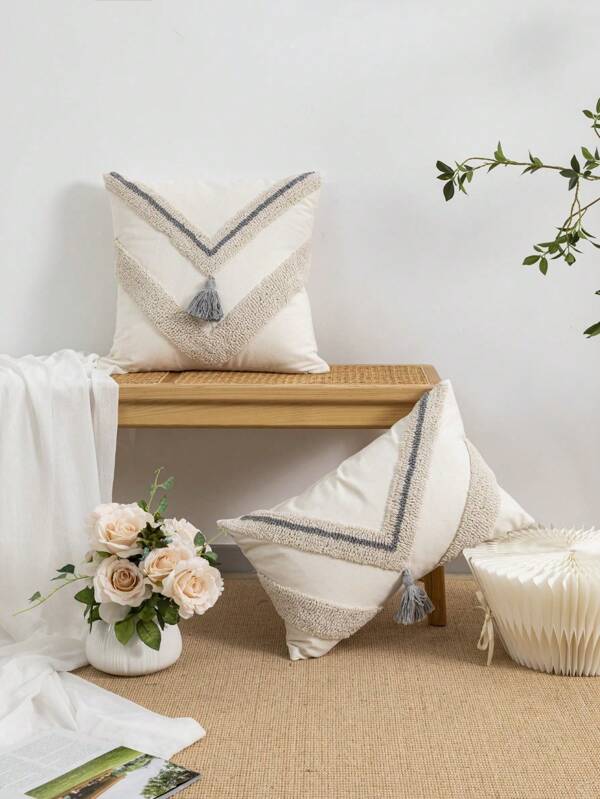 1 pièce/2 pièces Housse de coussin ligne triangulaire grise, tissu de canevas bohème avec des bords à glands et à franges, convient pour le salon, la chambre à coucher, le bureau, le canapé, la voiture, le jardin extérieur, la fête de vacances, 4 saisons, sans insert, 30*50cm, 45*45cm