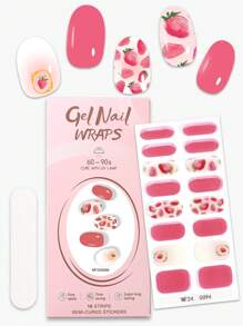 Beauty Sticker 16 pièces Bandes d'ongles en gel semi-durcies motif fraise, enveloppes complètes d'ongles en gel auto-adhésives roses pour le printemps et l'été, faciles à appliquer et à retirer. Autocollants pour ongles pour le DIY quotidien des femmes.