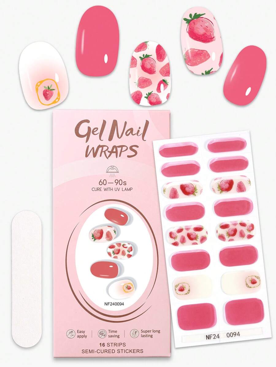 Beauty Sticker 16 pièces Bandes d'ongles en gel semi-durcies motif fraise, enveloppes complètes d'ongles en gel auto-adhésives roses pour le printemps et l'été, faciles à appliquer et à retirer. Autocollants pour ongles pour le DIY quotidien des femmes.