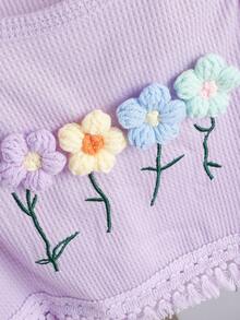 2 件套年轻女孩甜美花卉刺绣华夫格流苏边背心上衣和流苏边短裤，适合夏季外出、度假、日常穿着、上学、聚会 - 紫色 - 查看 5