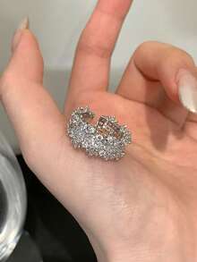 1 chiếc nhẫn nữ đính kim cương sang trọng, nhẫn thời trang khảm đá Cubic Zirconia bằng đồng, thích hợp để phụ nữ đeo hàng ngày - Bạc - Xem 8
