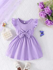 2pcs/Set Baby Girls Cap Sleeve Butterfly Print & Solid Ribbed Simple Cute Outfits, Spring/Summer - Mauve Purple - View 4