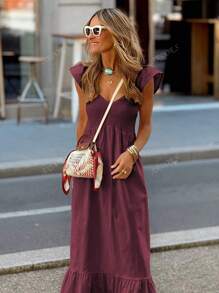 Vestido largo elegante de manga de vuelo con diseño elegante, vestido de verano cómodo y sencillo de unicolor para vacaciones, vestido casual de moda rojo para mujer