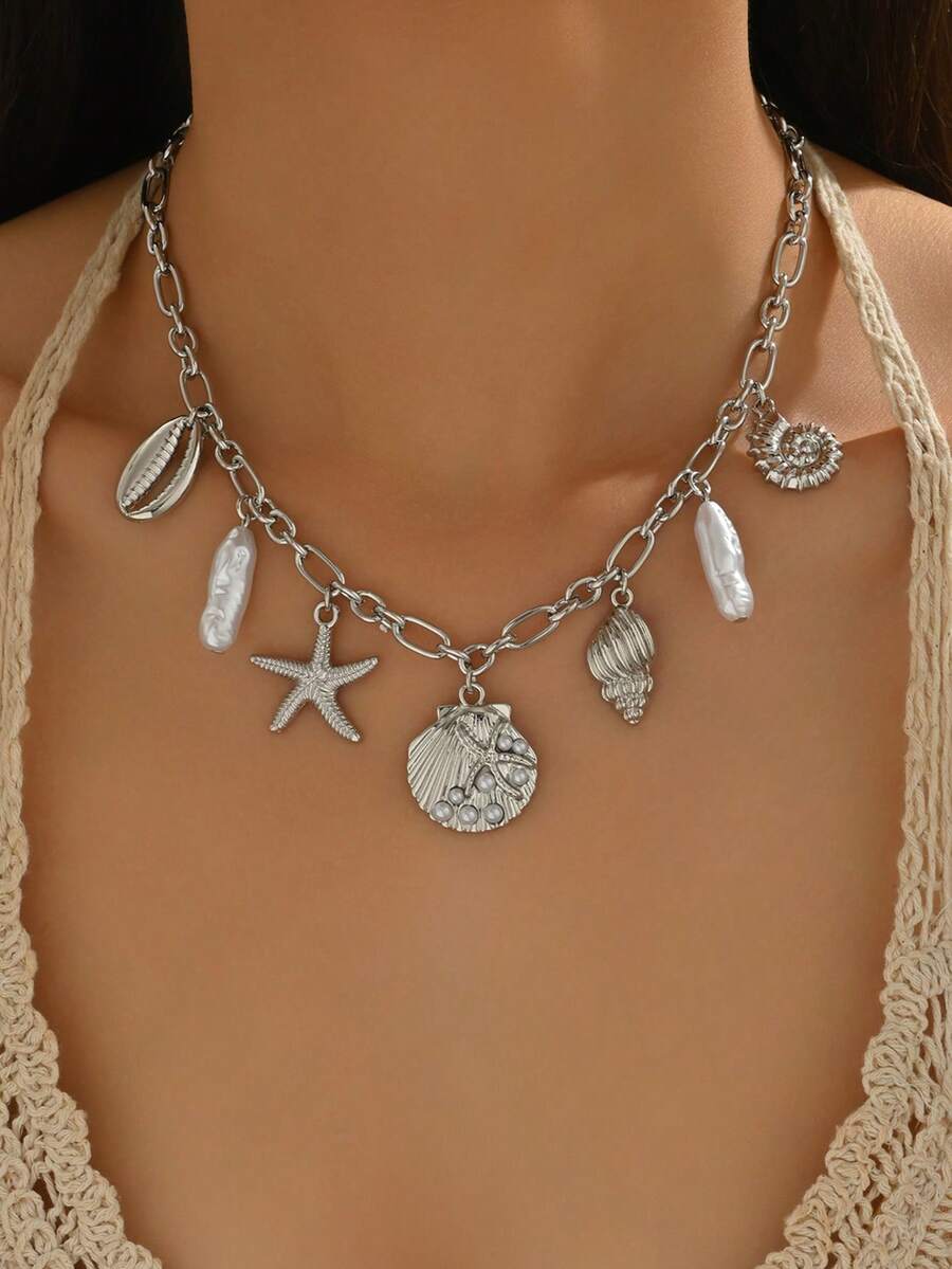 1 chiếc vòng cổ mặt dây chuyền bạc hình con ngựa, vỏ sò, ngọc trai giả thời trang dành cho nữ, trang sức theo chủ đề đại dương thích hợp để đeo hàng ngày, du lịch bãi biển, lễ hội âm nhạc, tiệc tùng, quà tặng ngày lễ - Nhiều màu - Xem 1