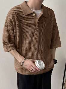 Men's Spring Summer Fashion Solid Color Knitted Top, Daily Commuting/Vacation/Cool Dad Mode - Khaki - View 5