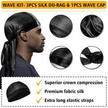 4 In 1 360 Waves Brush Kit For Men & Women, Wave Brush Silky Durag Wave Cap Set - Including 2pcs Durag Caps & Brush With Wooden Handle, Silky Shine & Training, Curved Brush, Durag Cap Set, Du-Rag Extra Long Tails