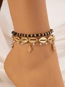 Set da 3 cavigliere estive alla moda con perline a forma di stella marina e conchiglia, versatili per uso quotidiano, spiaggia, feste, regalo