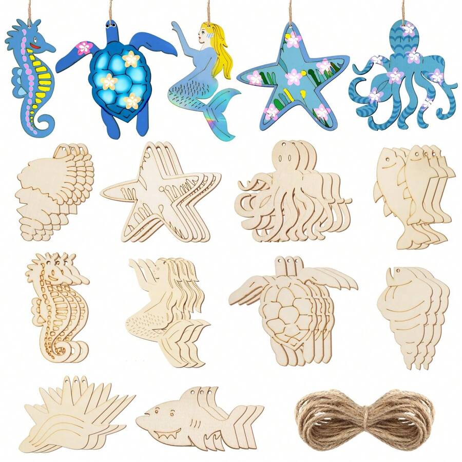 10 Pieces Unfinished Wooden Ocean Animal Cut-Outs For Summer Wooden Ocean Decorative Paintings, 10 Styles Of Blank Beach Octopus Mermaid Sea Turtle Animal Life Cut-Outs For DIY Craft Hanging Home Decor