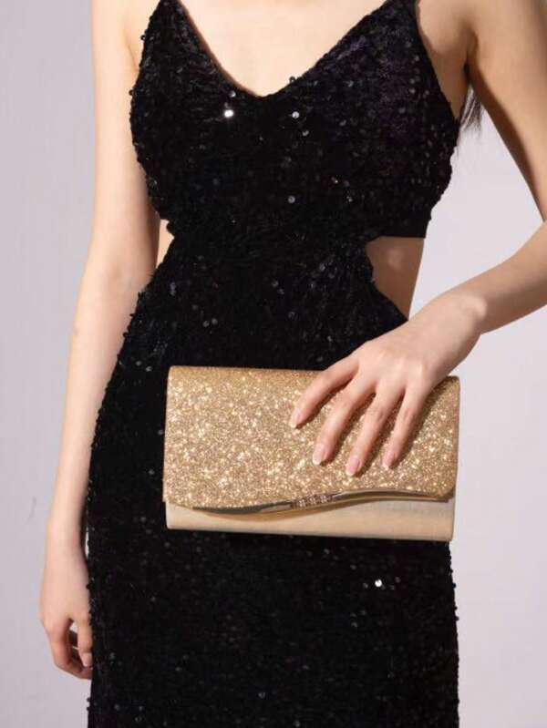 Borsa a tracolla da sera con glitter metallici, decorata con accessori in metallo, borsa a mano e a spalla, portafoglio da donna, adatta per gala, feste, matrimoni, compleanni e regali di San Valentino