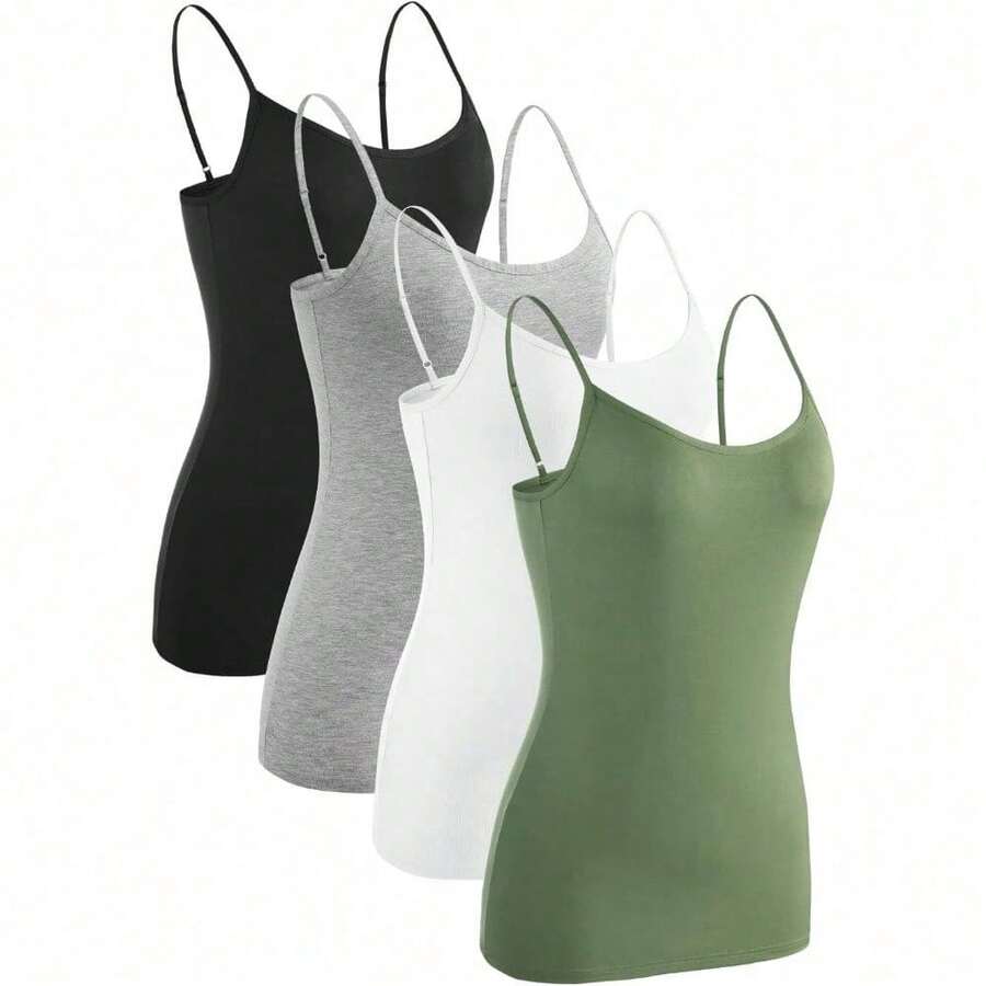 4 Piece, Women Camisole Basic Undershirt Adjustable Spaghetti Strap Tank Top - Black/Grey/White/Army Green - View 1