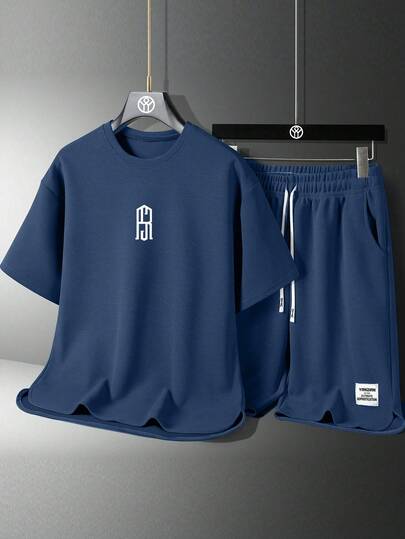 Teenager's Fashion Printed Moisture-Wicking Breathable Solid Color Round Neck Short Sleeve T-Shirt And Casual Shorts Set, Summer