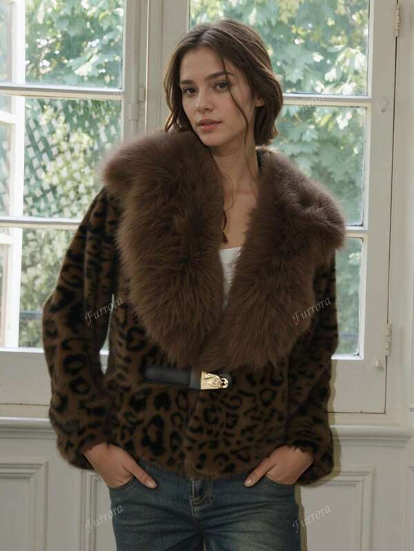 Women's Fall/Winter Dark Leopard Print Faux Leather Jacket Faux Fur Collar, Asymmetric Zip, Relaxed Fit For Romantic Cold-Weather Dating