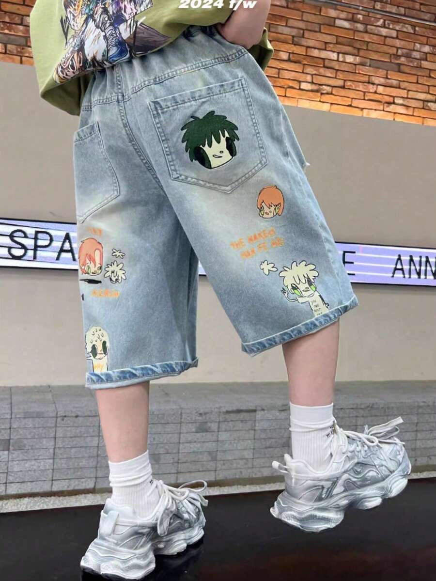 Tween Boy Cartoon Pocket Casual Denim Shorts - Light Wash - View 1