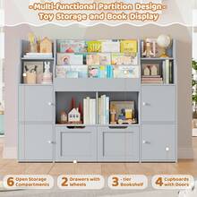 Móveis para arrumar brinquedos, organizador de brinquedos, suporte Montessori, suporte para arrumar brinquedos e livros, caixa para arrumar brinquedos, 4 portas, 2 gavetas com rodas, 122x30x100cm - Cinza - Ver 6
