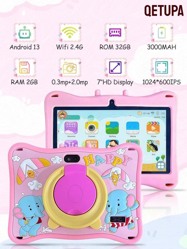 Qetupa Tableta Android 13 para niños de 7 pulgadas con diseño de elefante, procesador Quad-Core de 1.6GHZ A133, 2GB de RAM + 32GB de ROM, pantalla táctil IPS de 1024*600, batería de 3000mAh, cámara dual de 0.3MP + 2.0MP, WiFi 802.11b de 2.4G, con funda a prueba de golpes