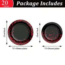 10/20/40pcs,Black Base Red Dot Disposable 7inch & 9inch Paper Plates,Red Confetti Rim Round Plates, Gradient Red Sparkle Dot Border Plate For Birthday Anniversary New Year Casino Night Club Graduation Theme Party Table Supplies - Multicolor - View 4